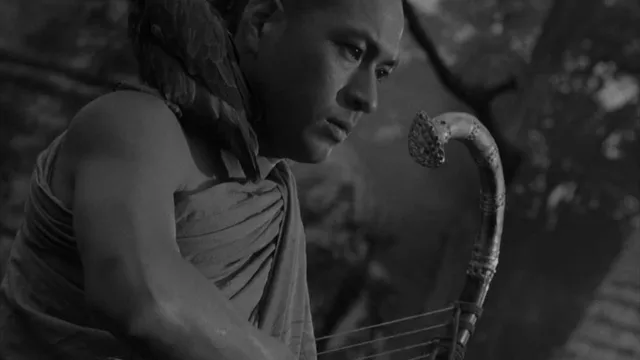 Film still in black and white. A man in profile gazes ahead, holding a harp, with a parrot perched on his shoulder.