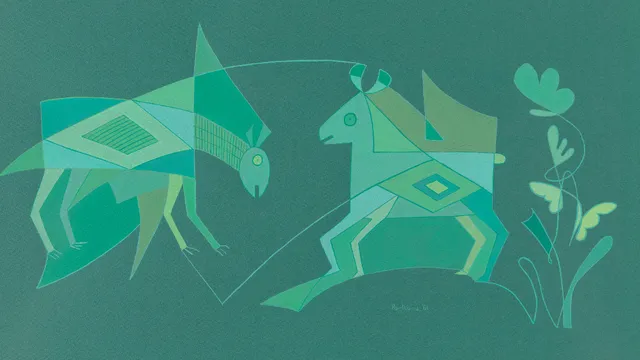 Landscape painting of two abstract animals facing each other made of geometric shapes in shades of green and yellow, abstract butterflies hover around a plant shape at right