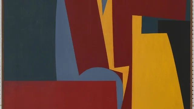 Abstract painting with bold overlapping geometric shapes in yellow, red, blue, and black