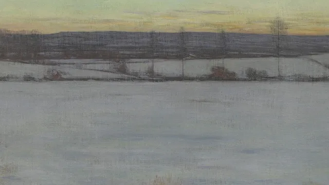 Painting of wide landscape of snow-covered plain at dusk with leafless trees and brush in distance.