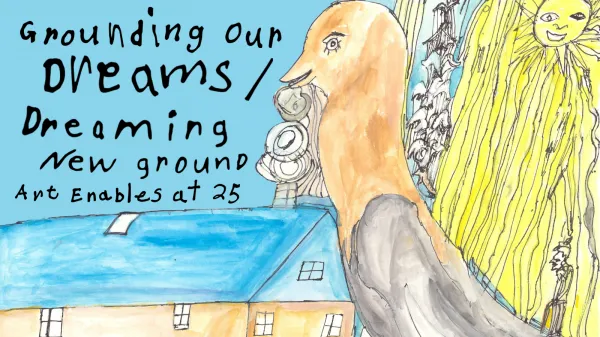 Grounding Our Dreams, Dreaming New Ground exhibit invitation with a watercolor painting of a monster bird by Raymond Lewis