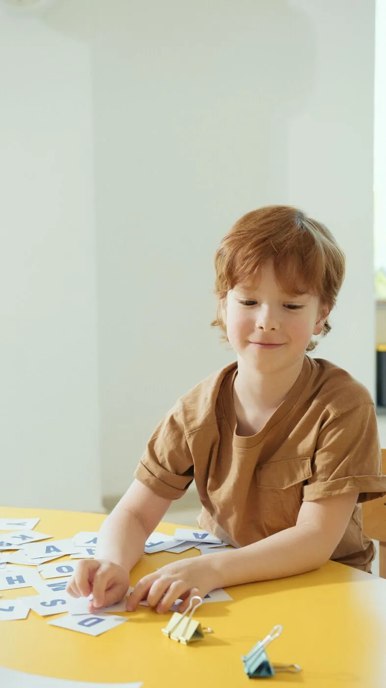 Un niño coloca tarjetas con letras sobre una mesa durante una sesión de aprendizaje.