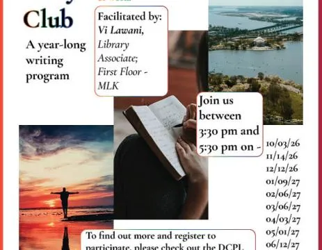 Flyer for The Terry Club, a year-long writing program at MLK Library facilitated by Vi Lawani, Library Associate, First Floor. Text reads "Bring your stories. Leave with craft, community, and a finished body of work." Sessions run 3:30 to 5:30 PM